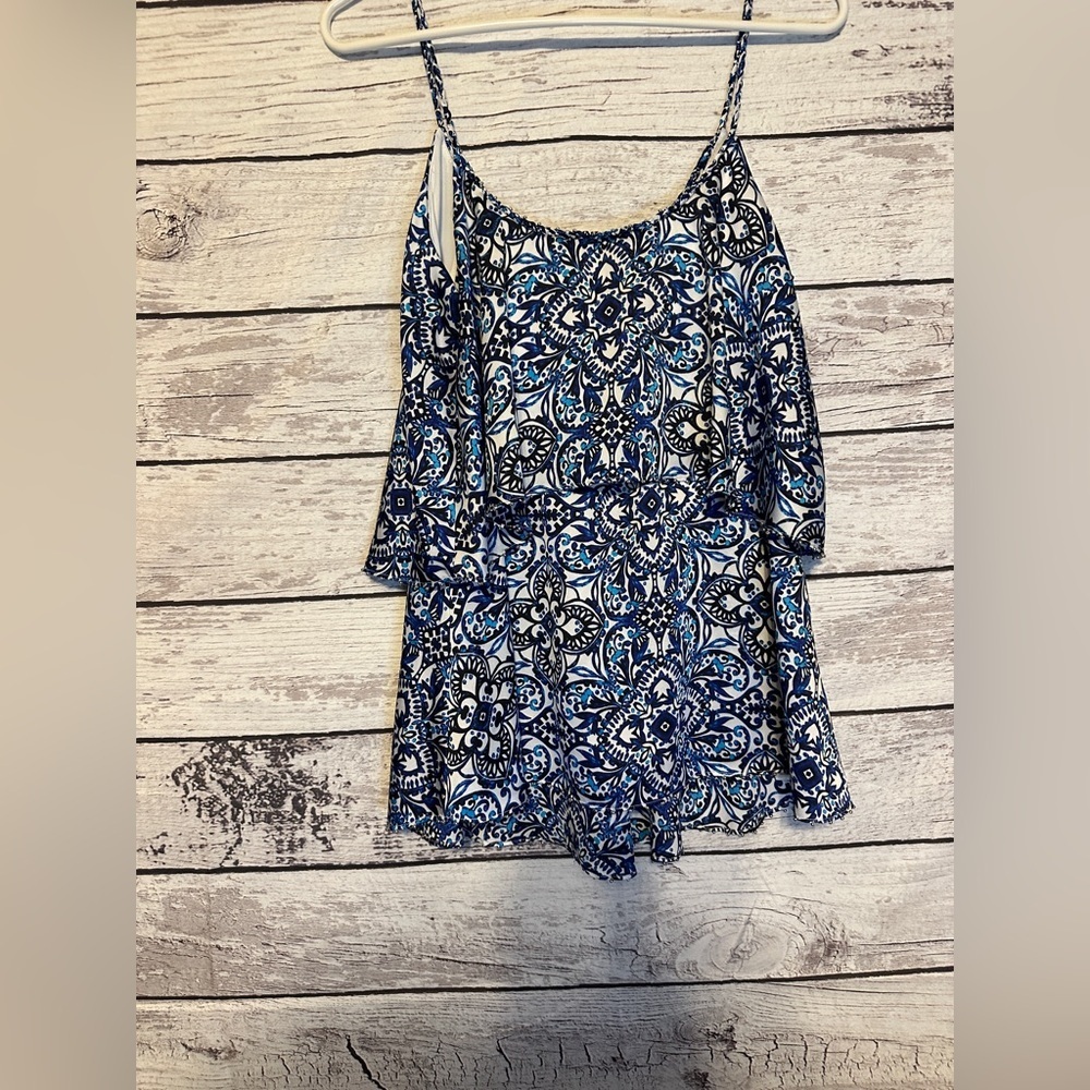 White House Black Market Blue Boho Print Ruffle Tank Top Size M